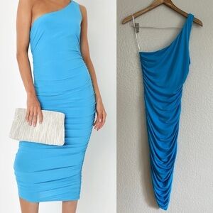 Total Appeal Blue Ruched One-Shoulder Bodycon Midi Dress
